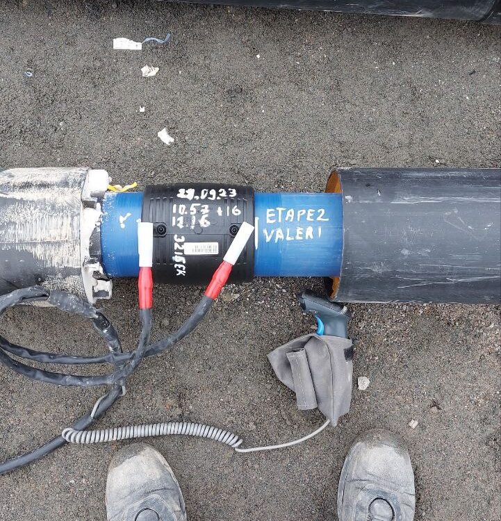 Biogas plant installation – welding of plastic pipes for underground piping system