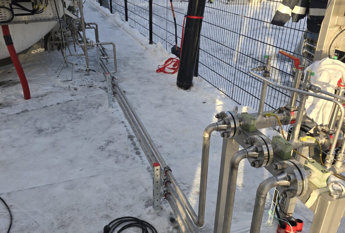 LPG filling point piping node near fence installed by welding contractor in Norway